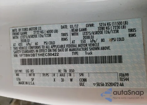 2017 Ford F350 Super Duty z USA, uszkodzony, nr VIN 1FT8W3BT1HEC50422